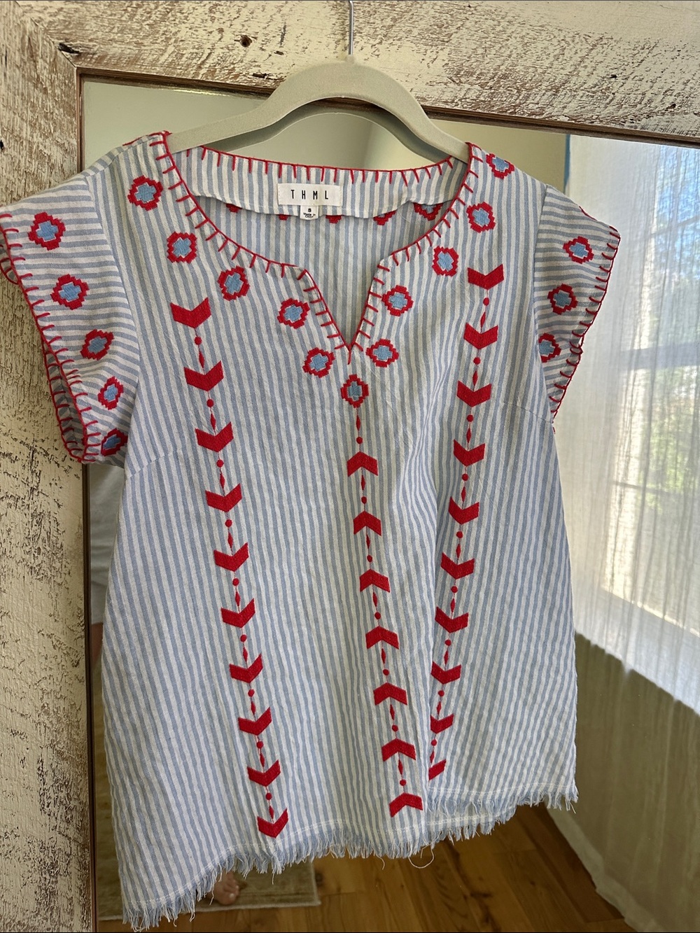 THML womens Light Blue and White Striped Top with Red Embroidery
